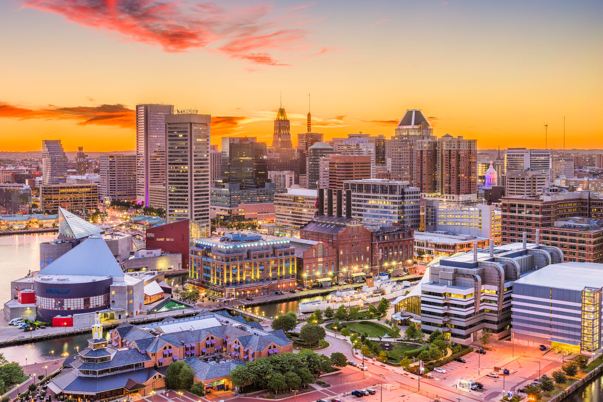 Baltimore, Maryland, USA Skyline over the Inner Harbor at dusk.